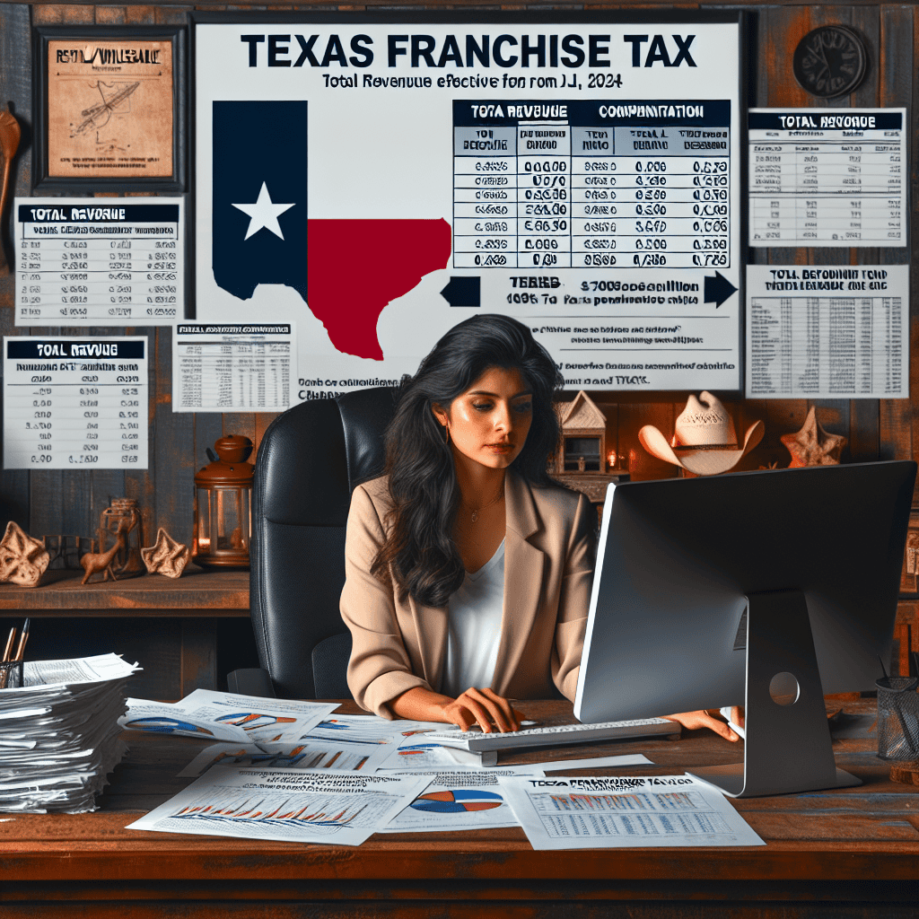 A Hispanic female finance professional in an Texan-themed office setting, meticulously crunching numbers on a computer screen displaying complex financial data concerning the Texas Franchise Tax.