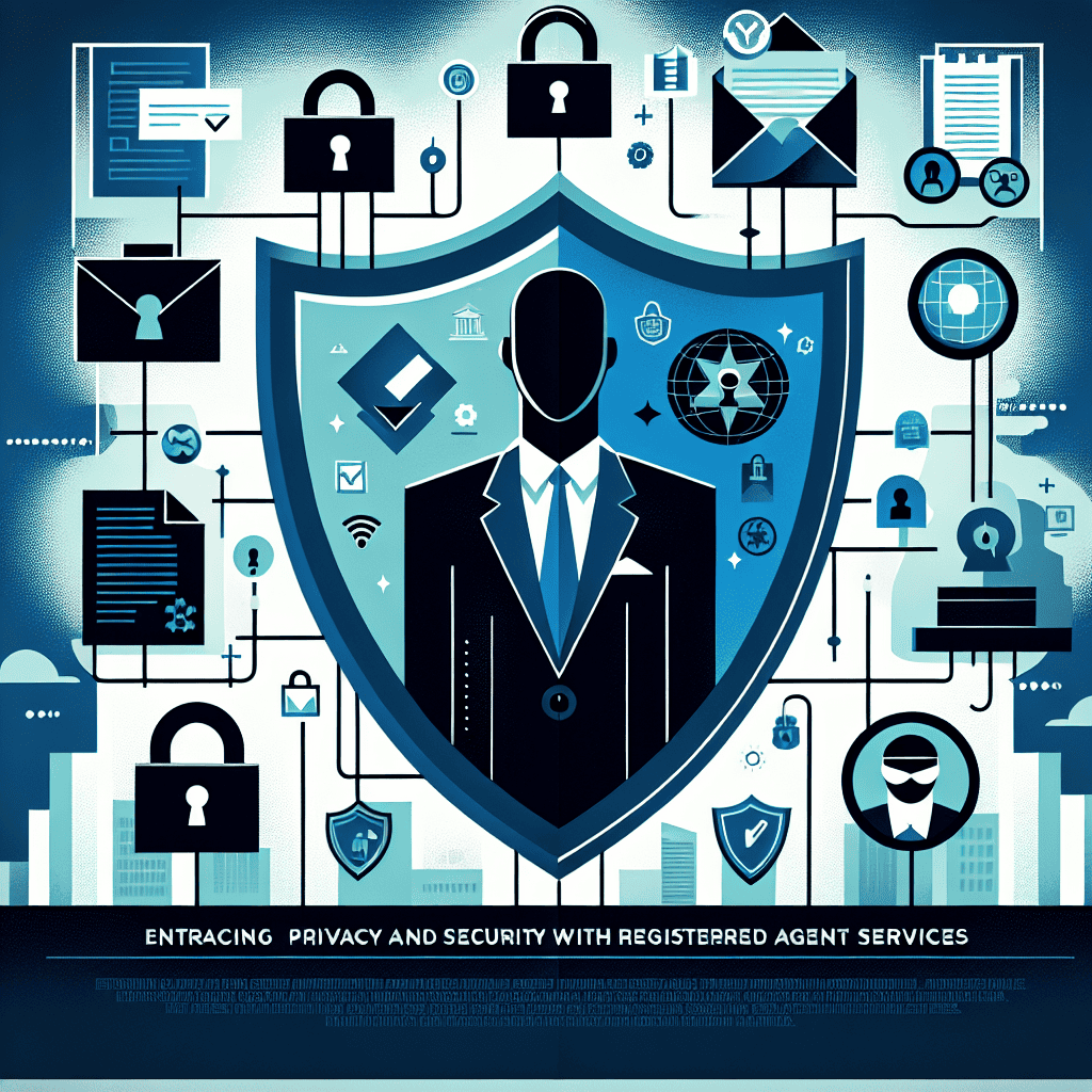 Illustration depicting business privacy protection through registered agent services. A central business icon is shielded by a protective barrier, symbolizing enhanced privacy and security. Icons represent data protection, legal compliance, and timely notifications.