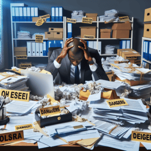 The image depicts a chaotic office scene illustrating the consequences of a business not having a registered agent.