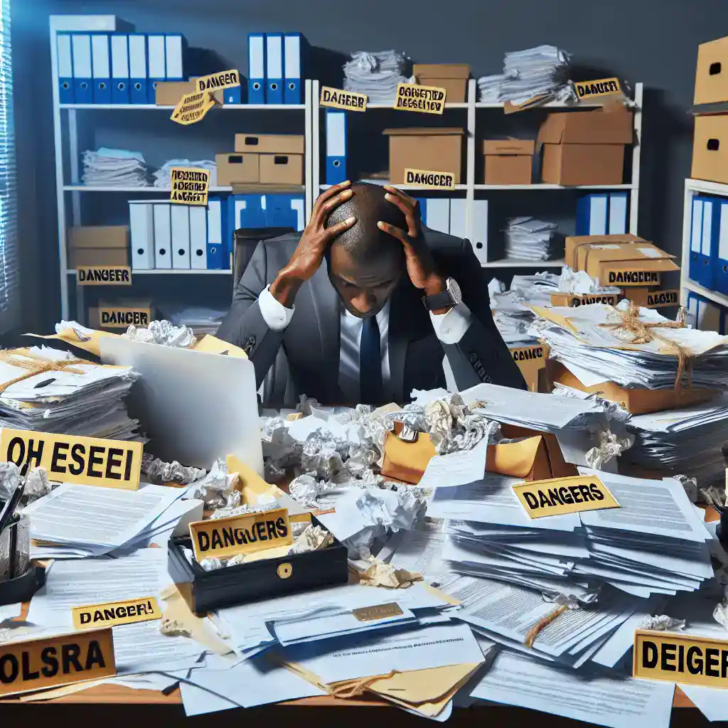 The image depicts a chaotic office scene illustrating the consequences of a business not having a registered agent.