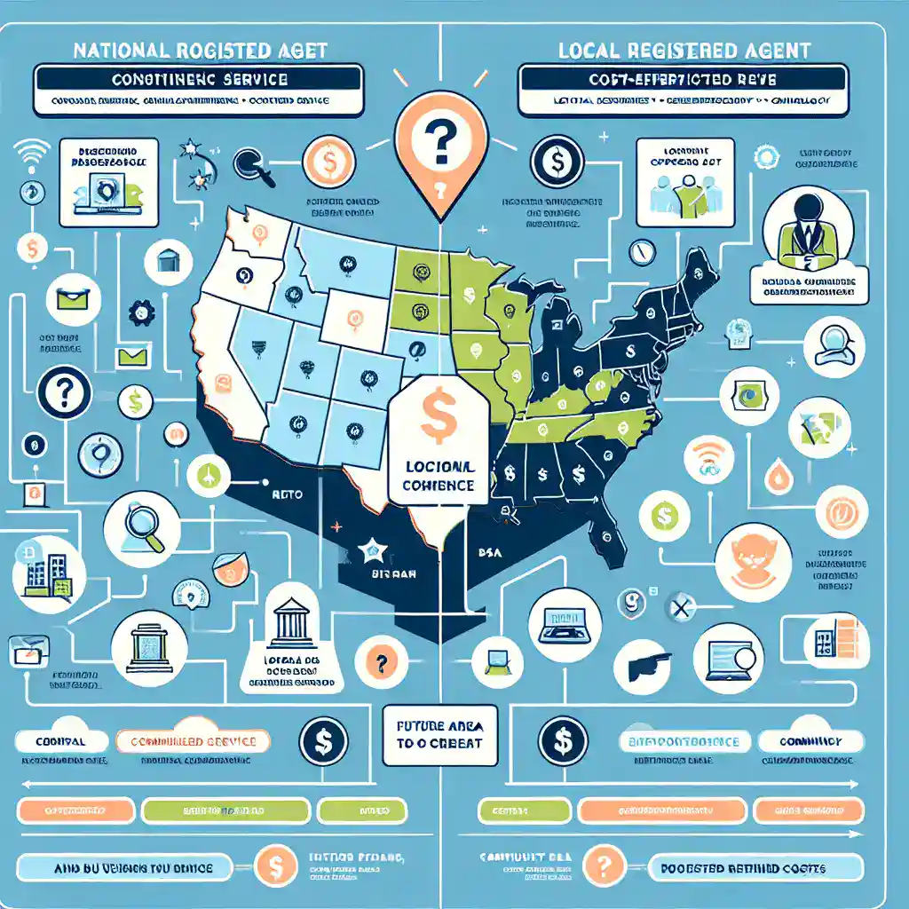 This infographic compares national and local registered agent services, presenting the information in a visually appealing and easy-to-understand format. It allows businesses to quickly grasp the key differences and considerations between choosing a national or local registered agent.