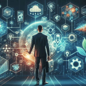 Futuristic illustration depicting trends and predictions for registered agent services.