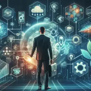 Futuristic illustration depicting trends and predictions for registered agent services.