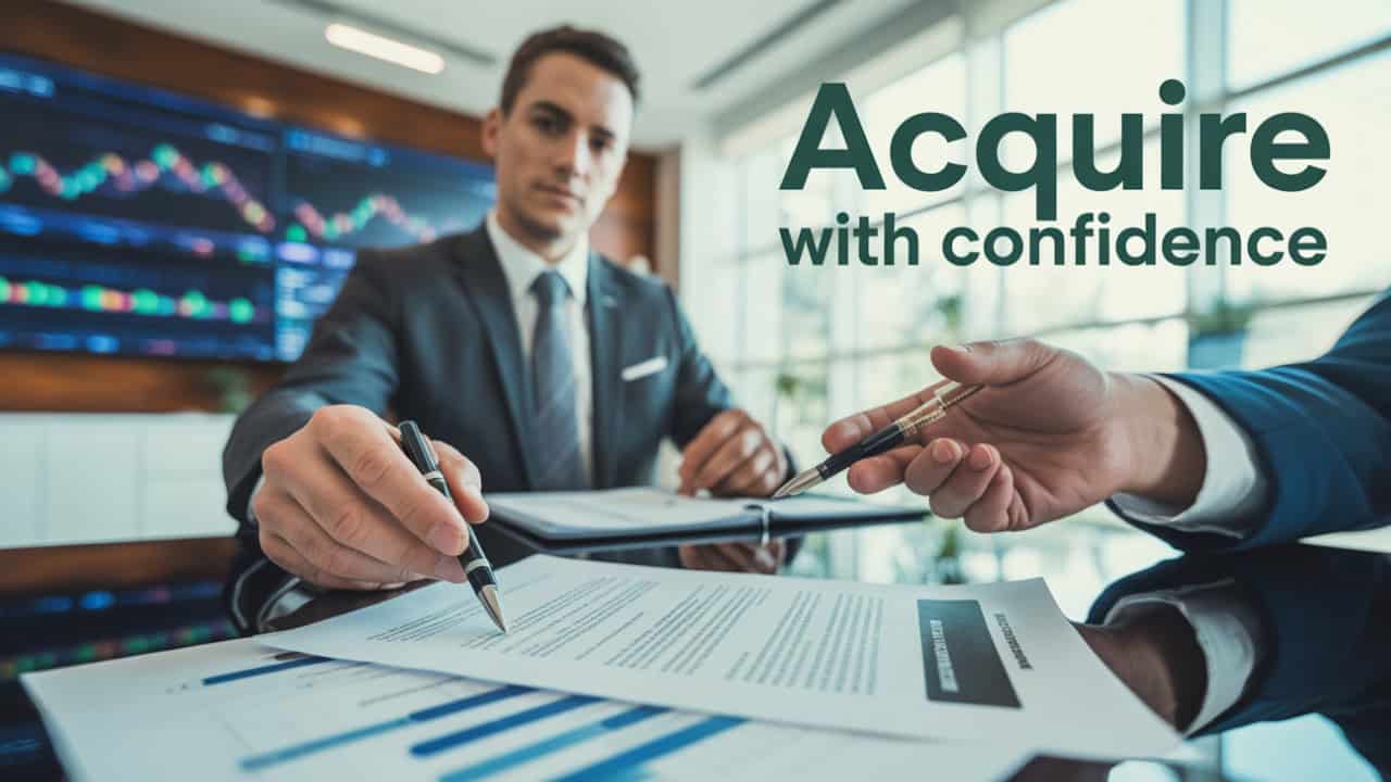 Realistic photo of a male registered agent assisting a businessman with mergers and acquisitions. The text 'Acquire With Confidence' is positioned in the upper-right corner, rendered in green. The foreground features a detailed shot of documents being exchanged between the registered agent and the businessman. The background shows a well-lit conference room with a large screen displaying financial data. The visual style is sharp and focused.