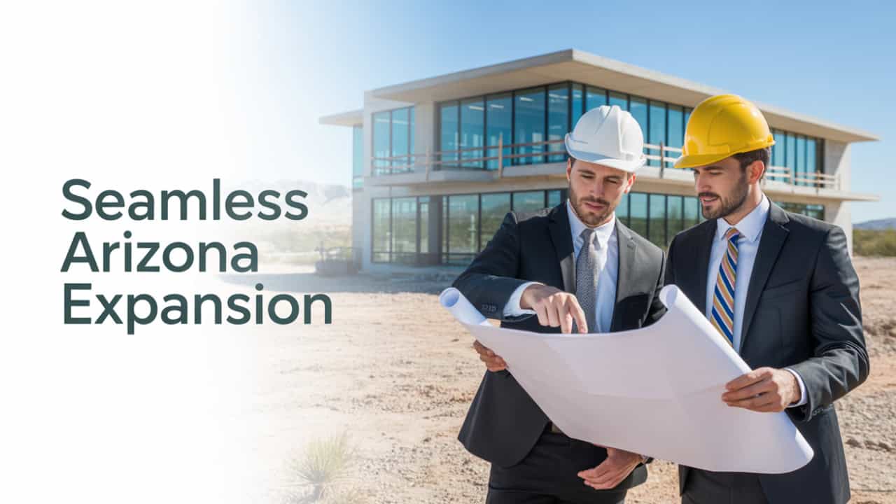 Realistic photo. A businessman and a male registered agent are reviewing blueprints on a construction site with a half-built modern building in the background. The agent is pointing at a specific detail on the blueprint, while the businessman is nodding in agreement. The text 'Seamless Arizona Expansion' is positioned in the middle-left, in a green, modern font. The background shows the Arizona desert landscape in the distance, blending the business aspect with the regional setting. The visual style is sharp and clear, highlighting the progress and collaboration.