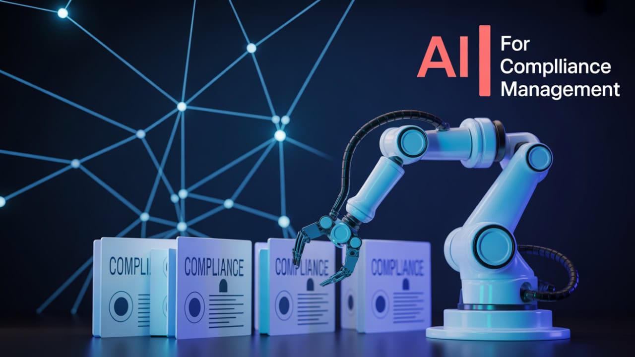 With a modern and tech-focused style, the text 'AI For Compliance Management' is positioned in the upper-right in a red sans-serif font. A robotic arm interacting with compliance documents is in the foreground, positioned slightly to the right of center. The background consists of a dark blue network of glowing white lines and dots, with elements suggesting interconnectedness and data flow, reinforcing the themes of AI and automation.