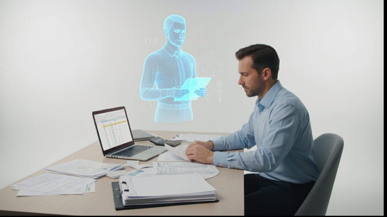 A man working on his desk during task season. With a hologram of a male registered agent projected.