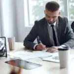 A male virtual registered agent sitting at office desk.
