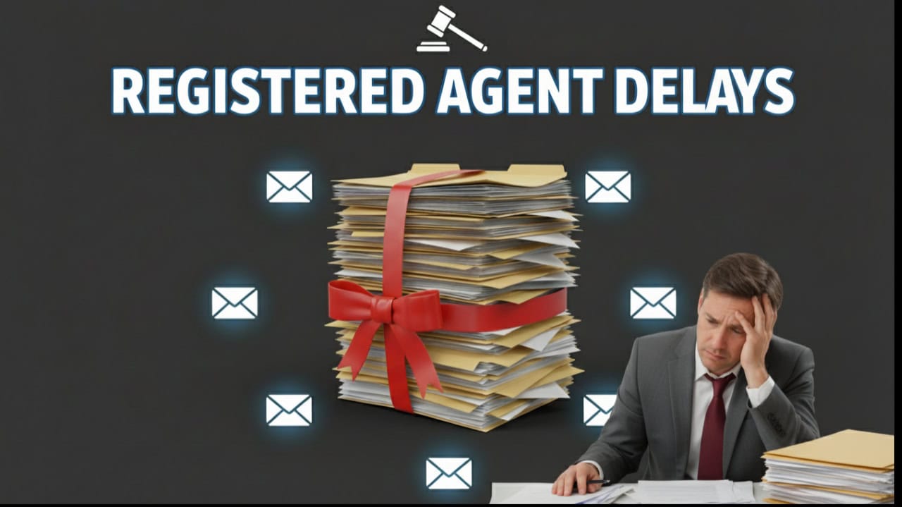 A pile of legal files and documents bound by a red ribbon with a title that read: registered agent delays. A mail icon left, mail icon right, mail icon bottom, gavel icon top and a stressed male registered agent.