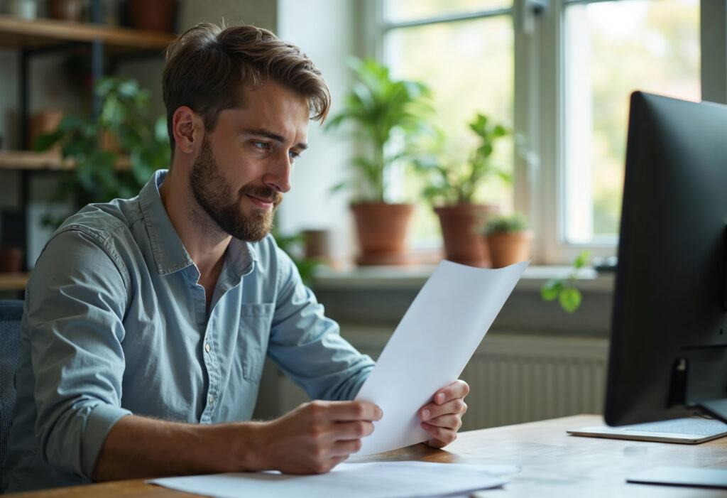 A man at his office desk reviewing Mississippi LLC documents.