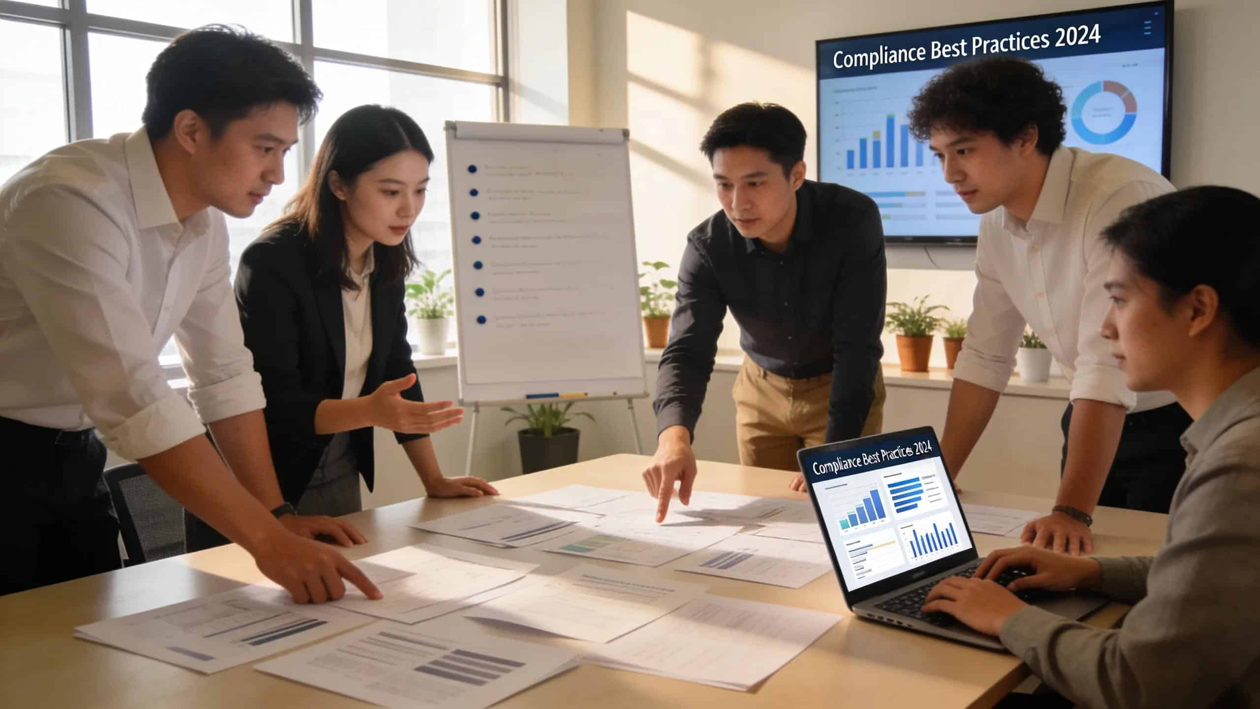 Business team collaborating on compliance strategies in a modern office