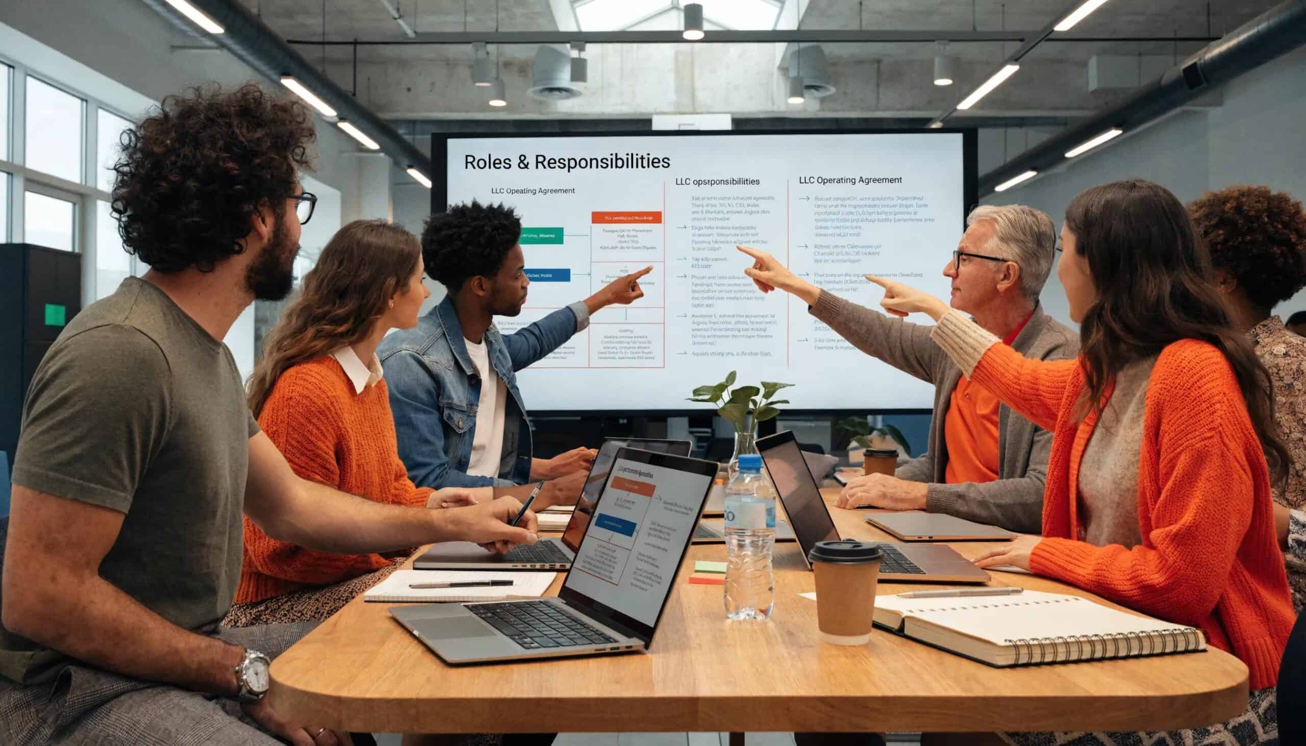Team members clarifying roles and responsibilities in an LLC operating agreement during a meeting