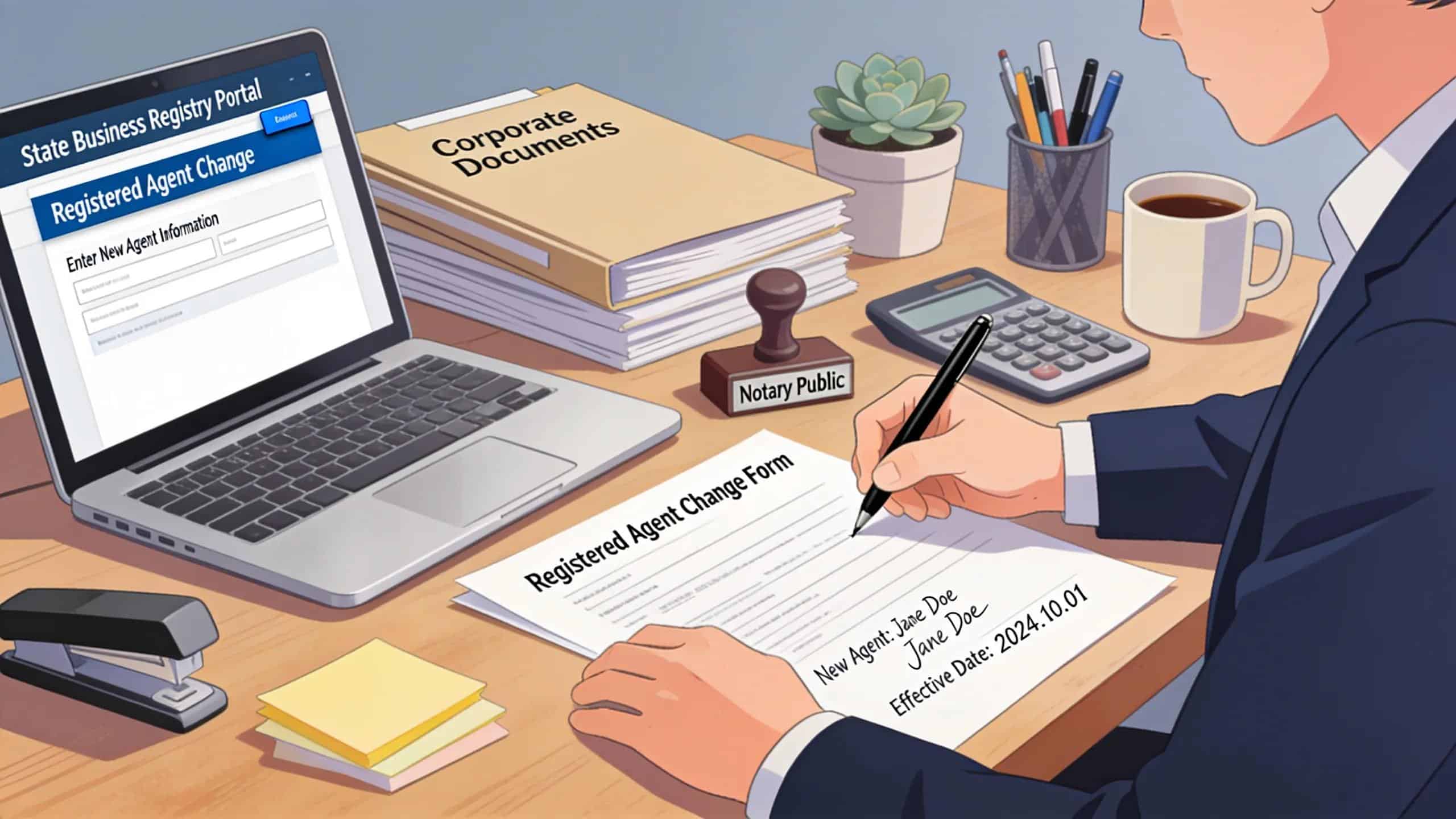 Business owner filling out forms to file a registered agent change, with a laptop displaying a business registry