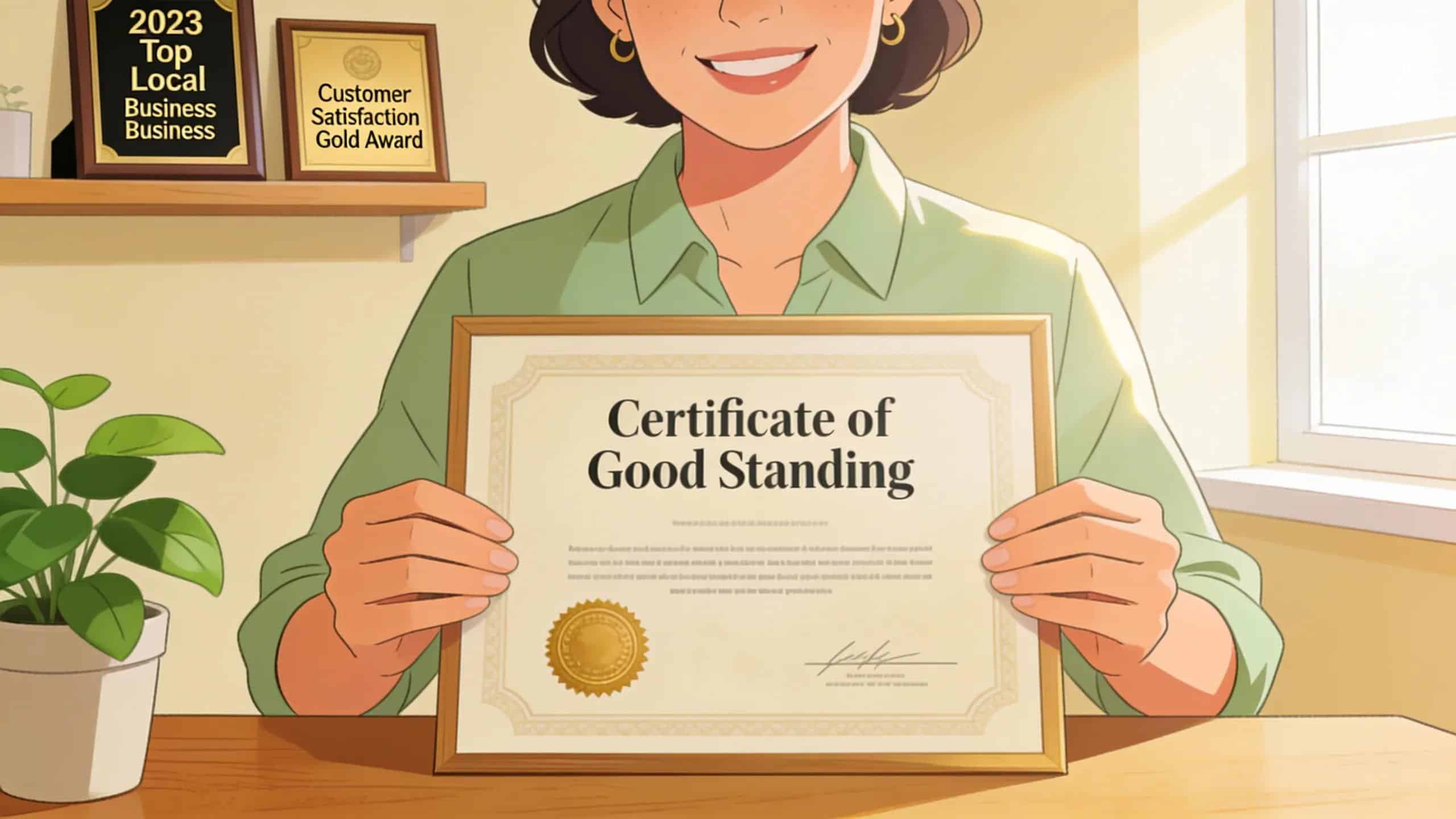 Business owner celebrating successful compliance with good standing certification