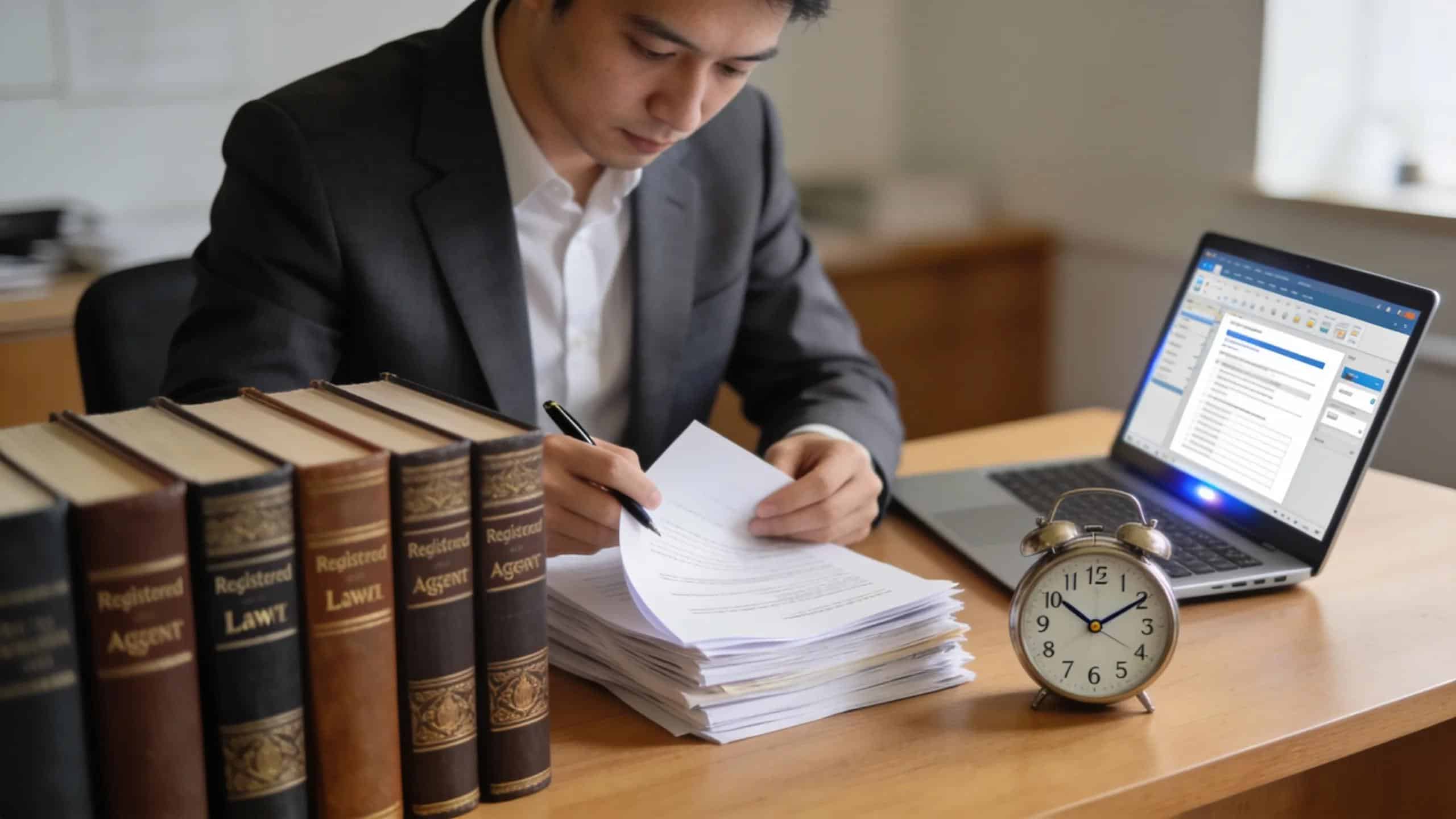 Registered agent sorting through legal documents at their desk, symbolizing responsibility in legal notifications