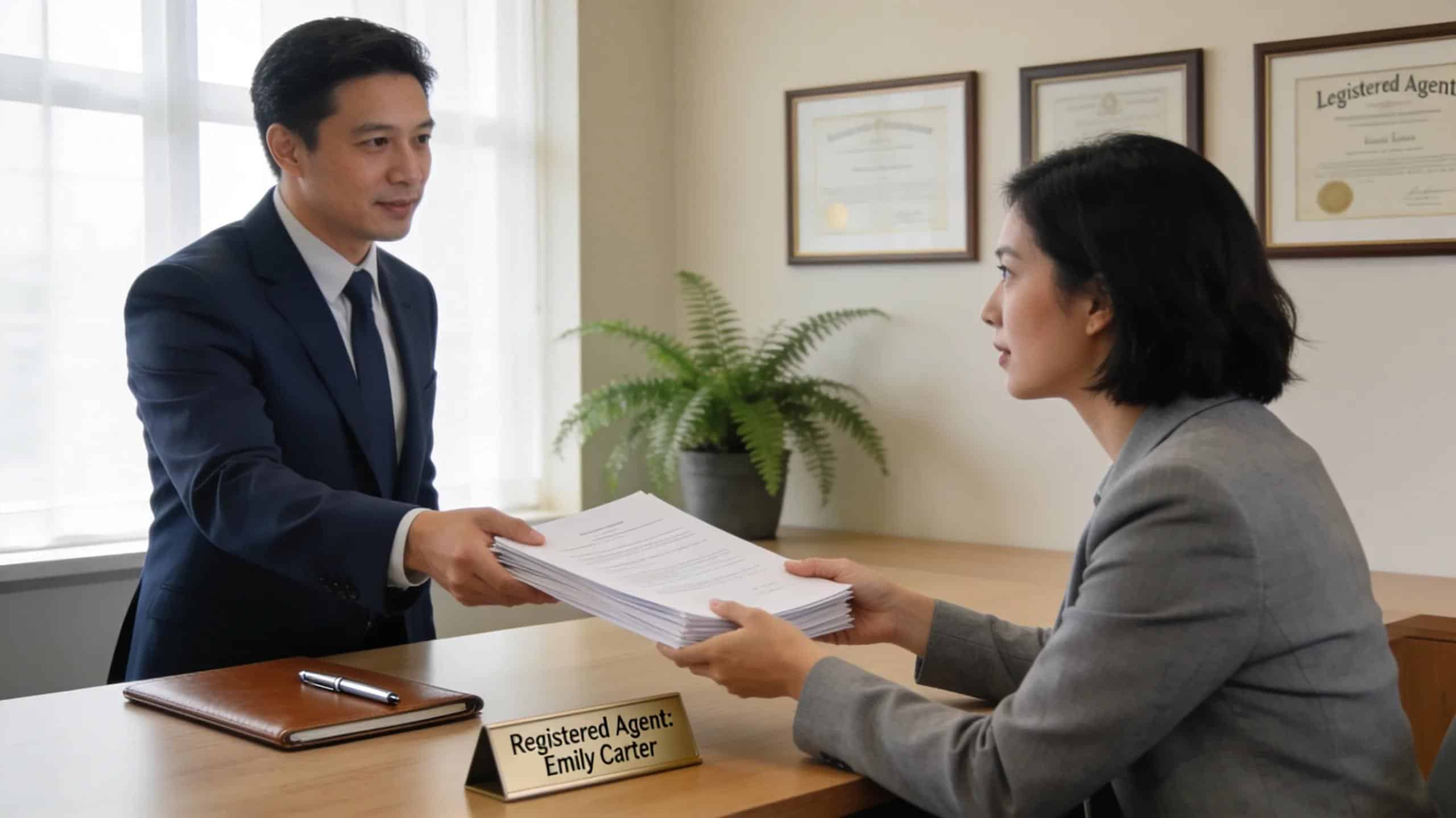 Registered agent accepting legal documents in professional office