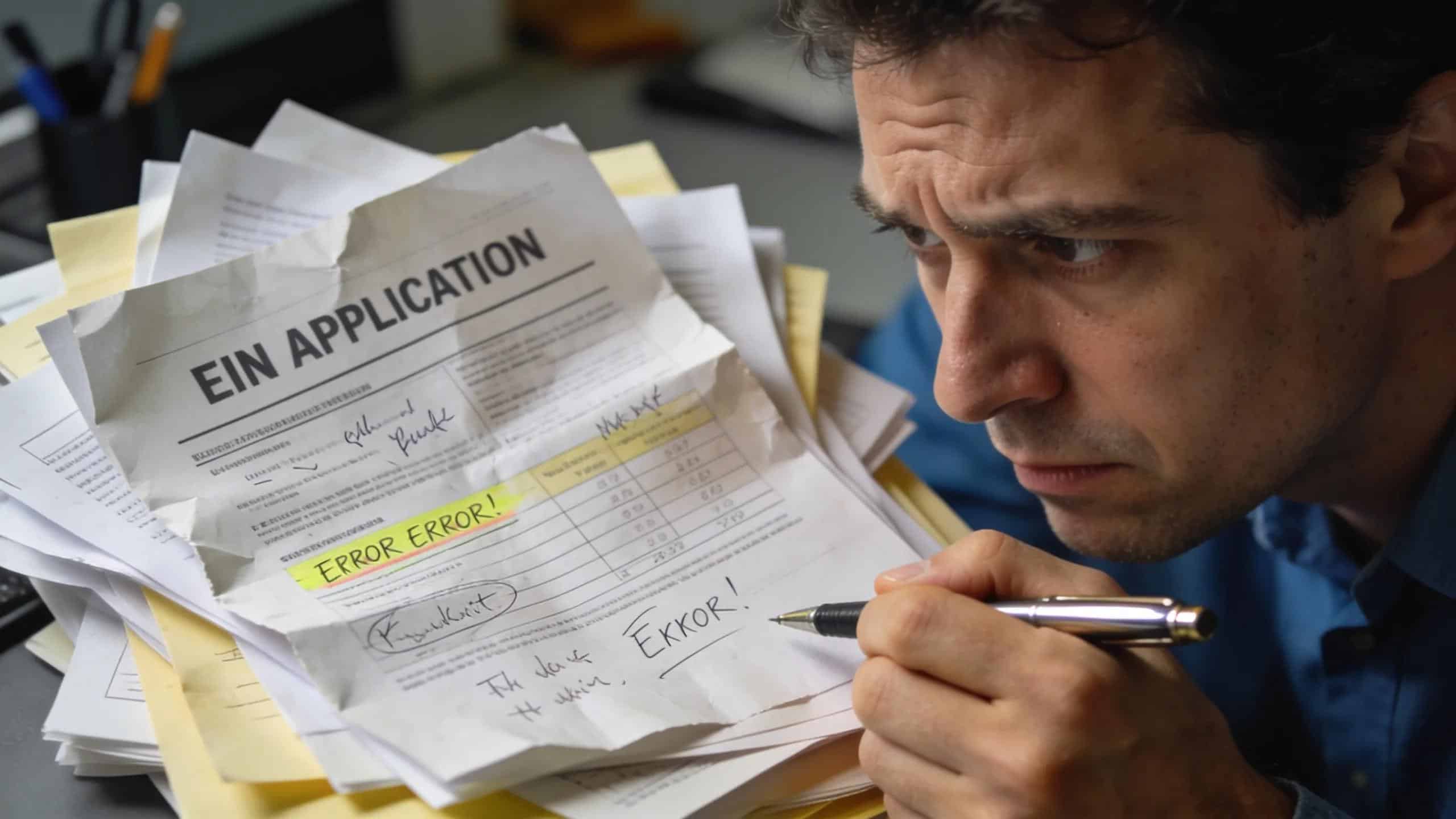 Frustrated business owner surrounded by paperwork, highlighting common mistakes in the EIN application process