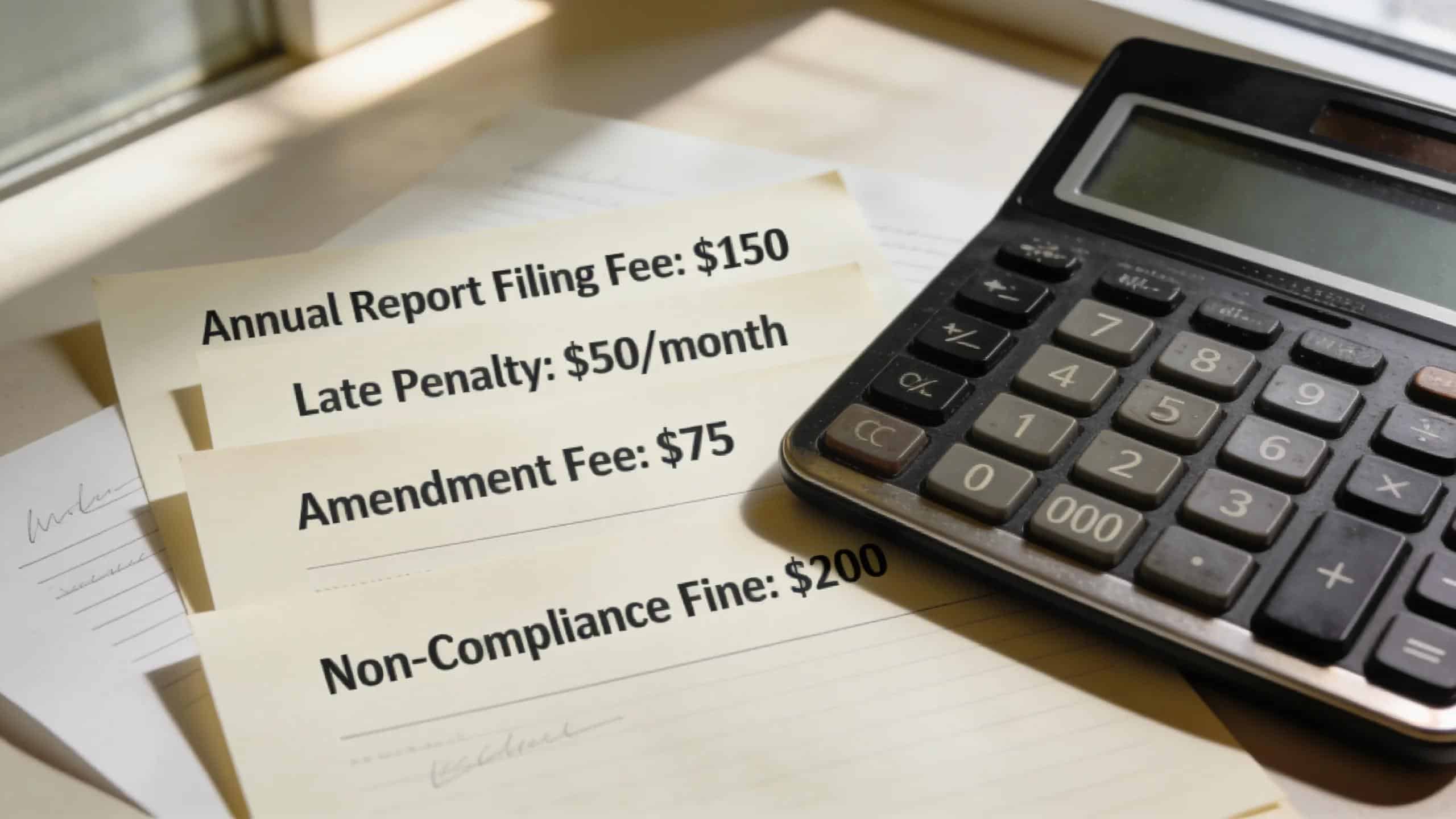 Calculator and documents representing fees and penalties for annual report filings