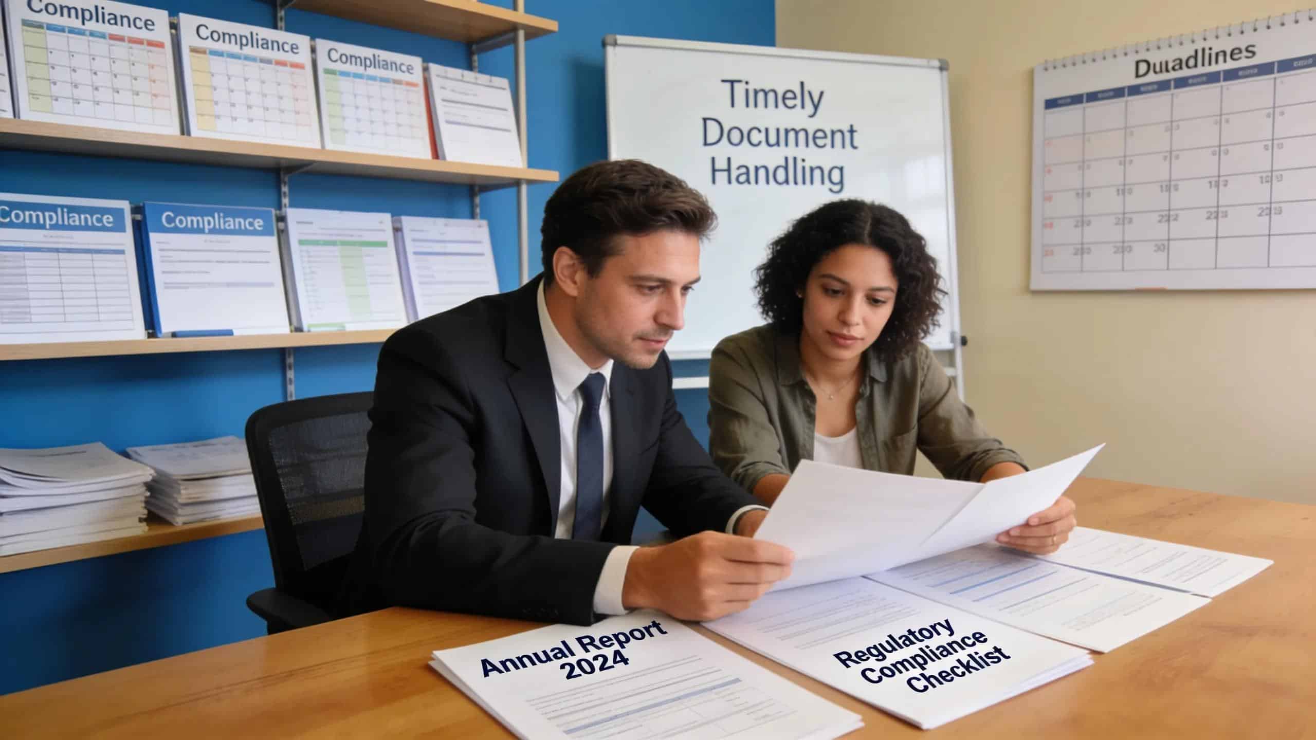 Registered agent reviewing compliance documents with nonprofit representative