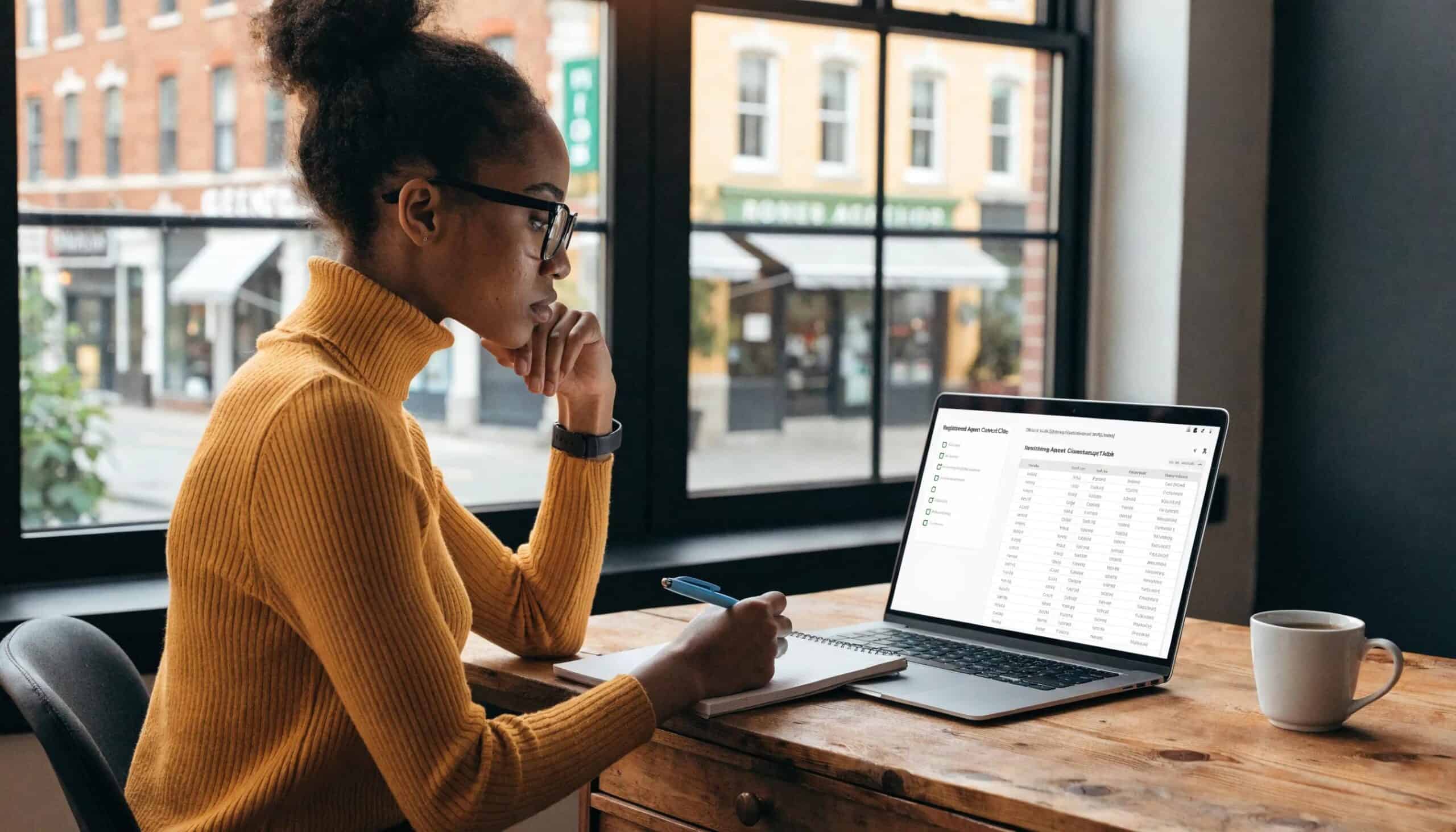 Individual evaluating registered agent services on a laptop