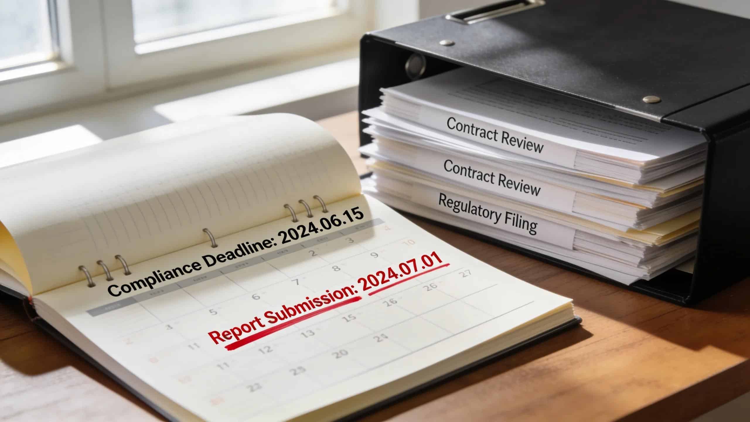 Calendar marking compliance deadlines with organized legal documents