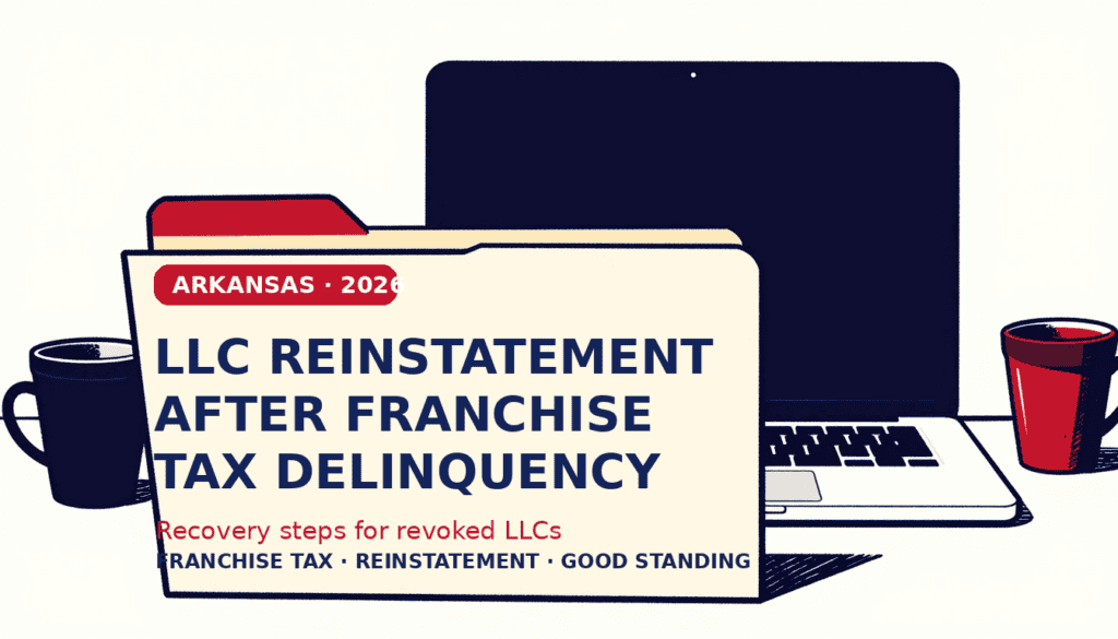 Arkansas LLC reinstatement paperwork with a laptop showing the Arkansas franchise tax portal
