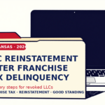 Arkansas LLC reinstatement paperwork with a laptop showing the Arkansas franchise tax portal