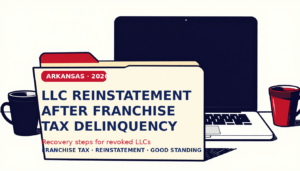 Arkansas LLC reinstatement paperwork with a laptop showing the Arkansas franchise tax portal