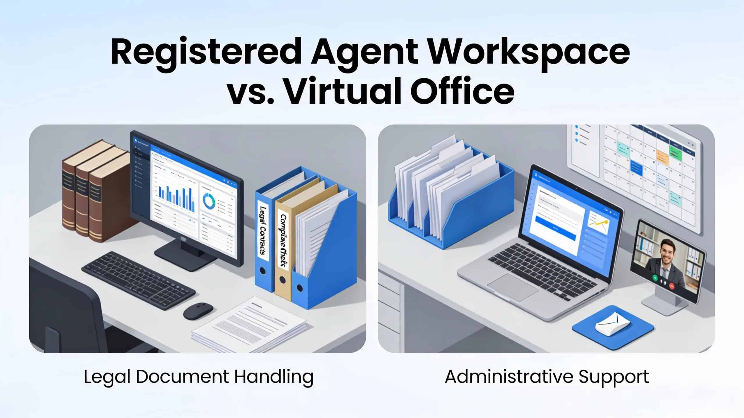 Comparison of registered agent and virtual office highlighting key features and functions for business compliance