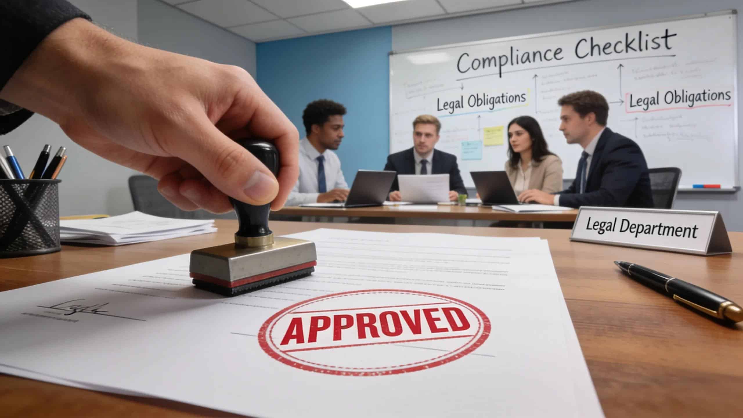 Legal document being stamped in approval within a corporate office environment, highlighting importance of compliance