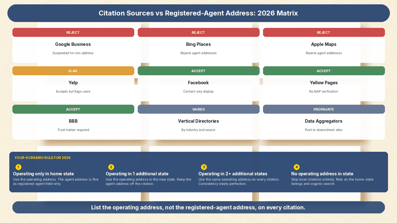 Registered agent address in local citations SEO risks flowchart