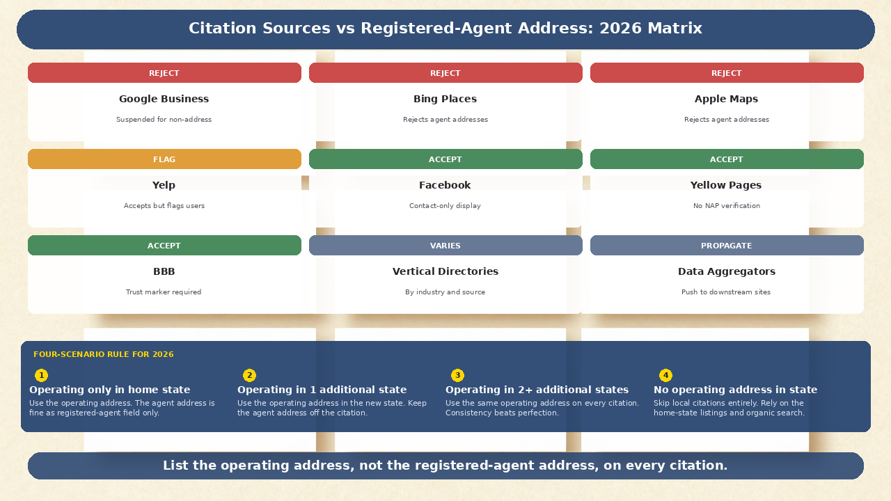 Registered agent address in local citations SEO risks flowchart