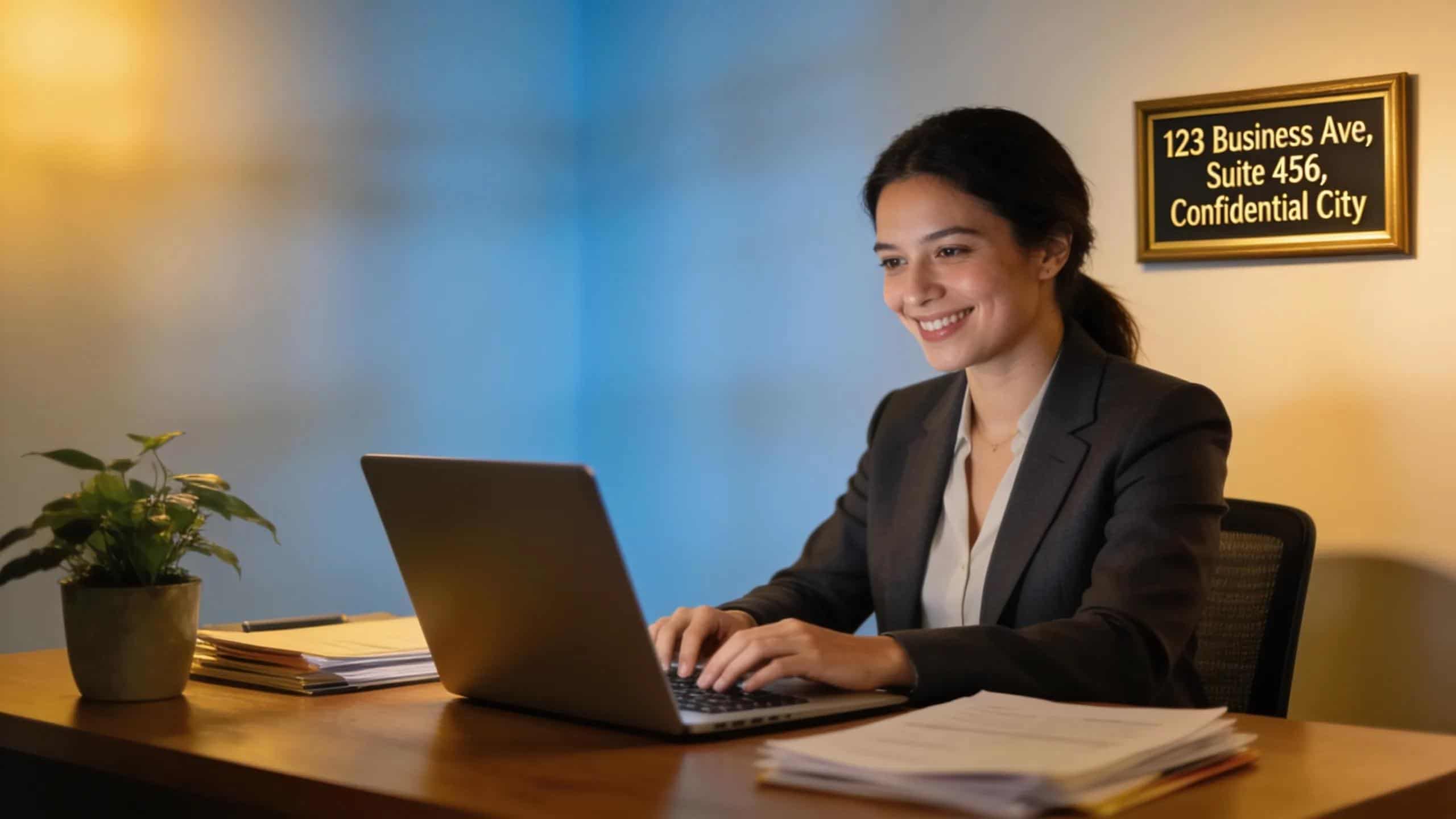 Business owner working confidently while ensuring privacy with a registered agent's service.