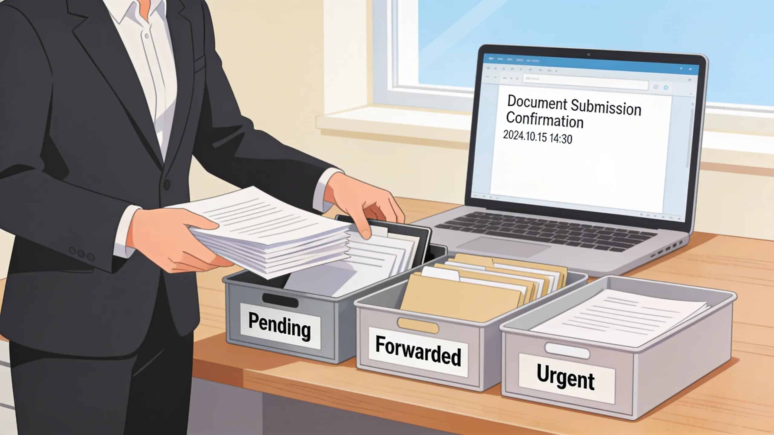 Registered agent managing and forwarding legal documents in an organized workspace.