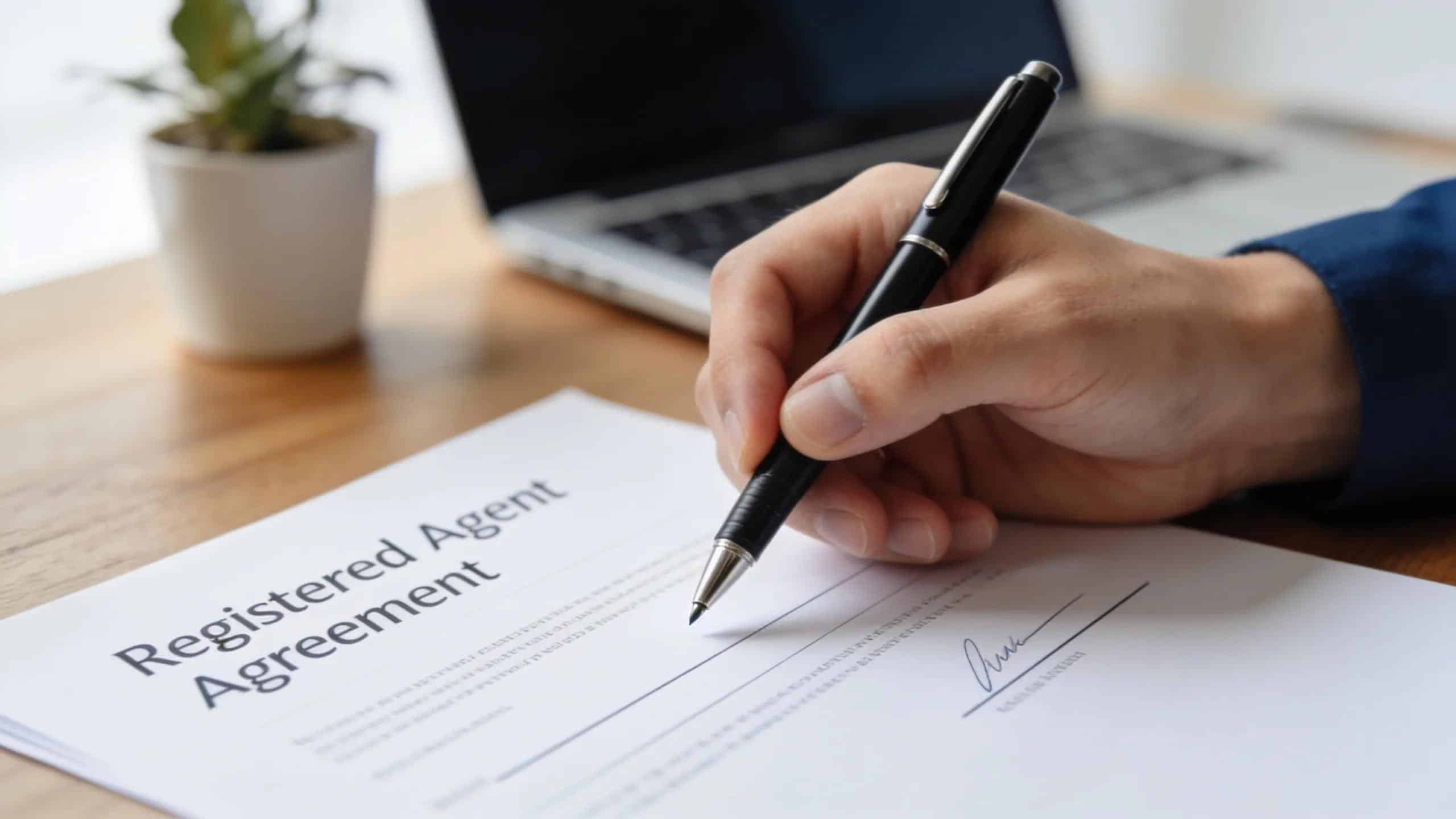 Close-up of a hand signing a legal document related to registered agents in a professional setting