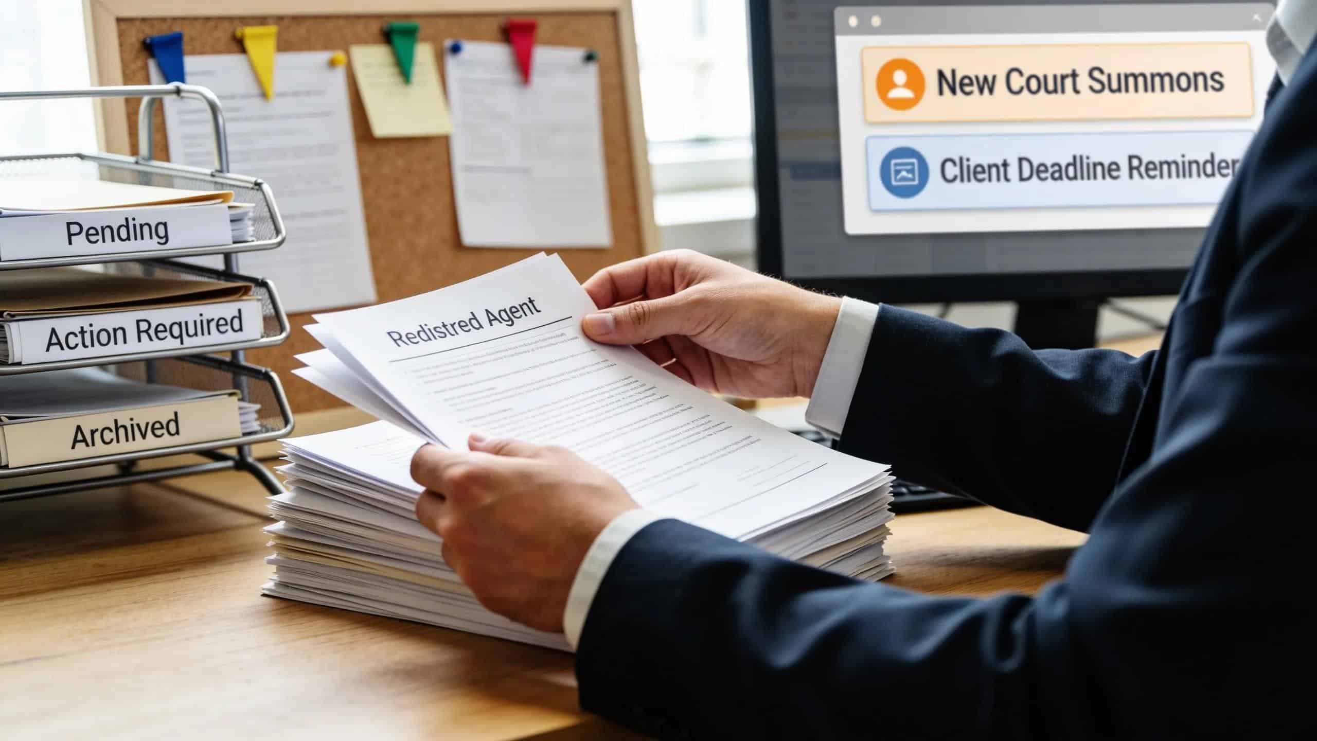 Registered agent organizing legal notifications in an efficient workspace