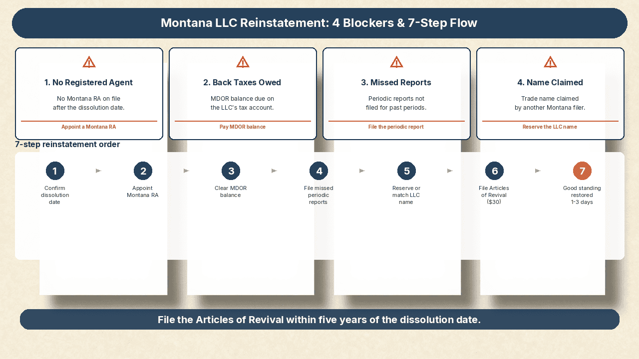 Montana LLC reinstatement process and dissolution blockers