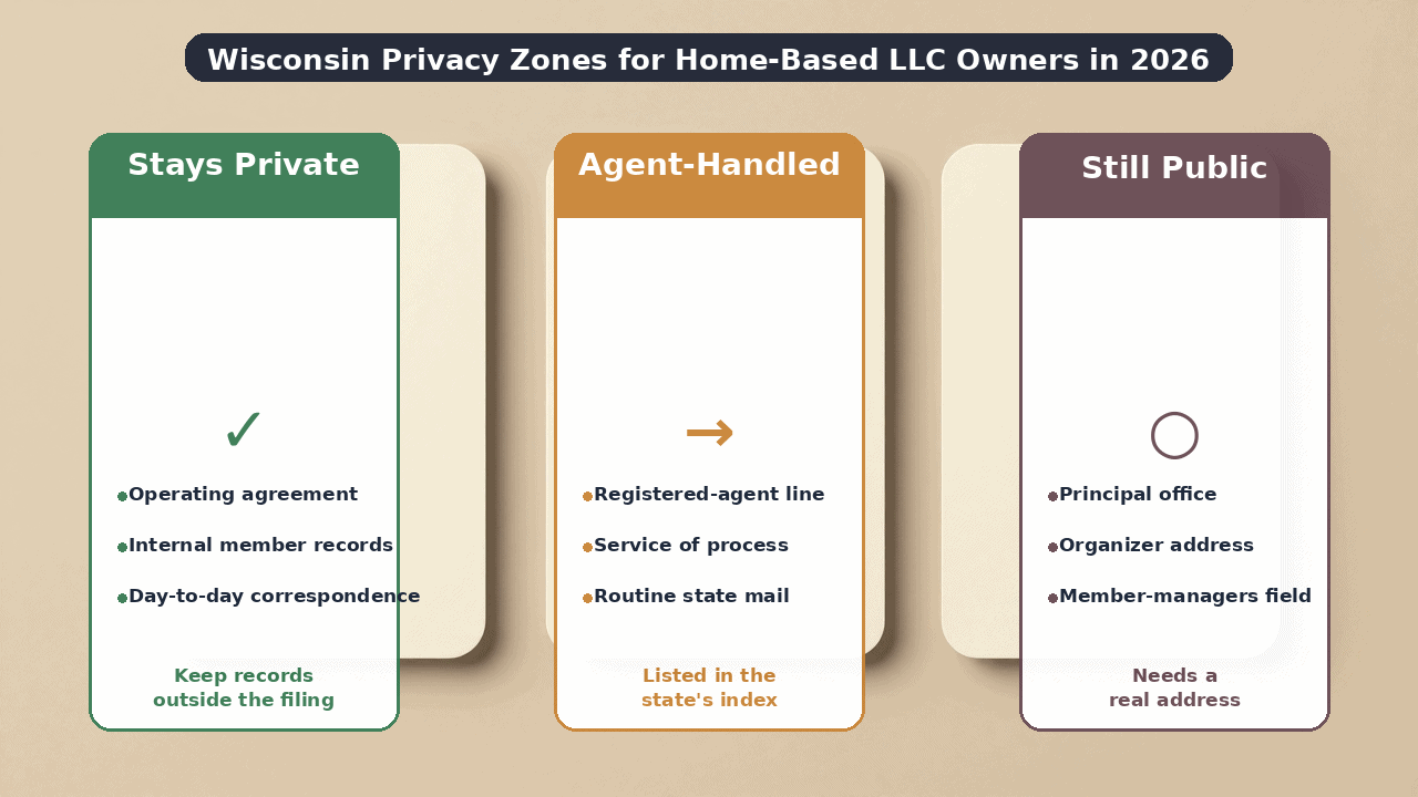 Wisconsin LLC privacy fields — registered agent, principal office, and organizer address breakdown