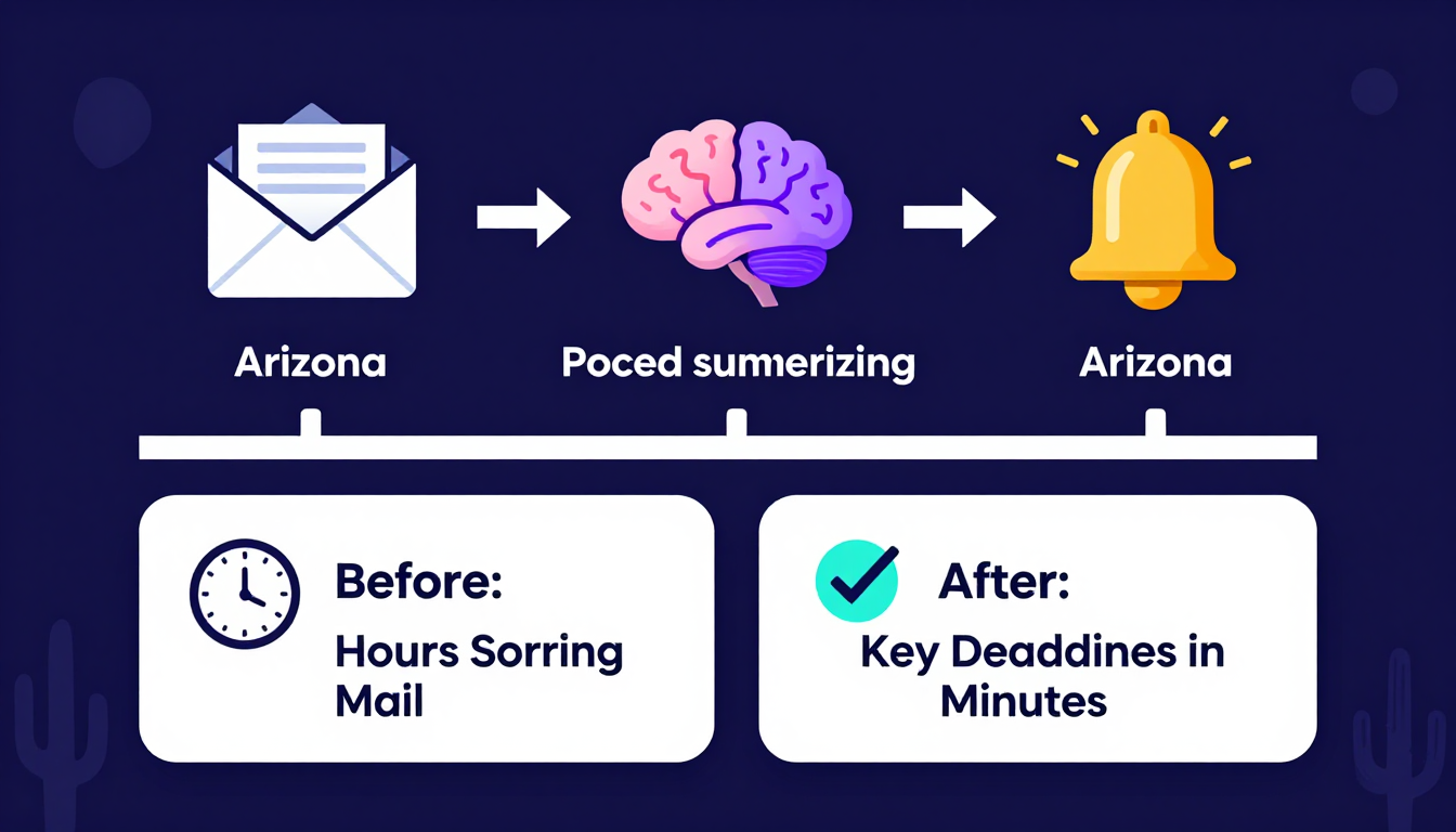 AI inbox summary workflow infographic showing mail to AI brain to alert