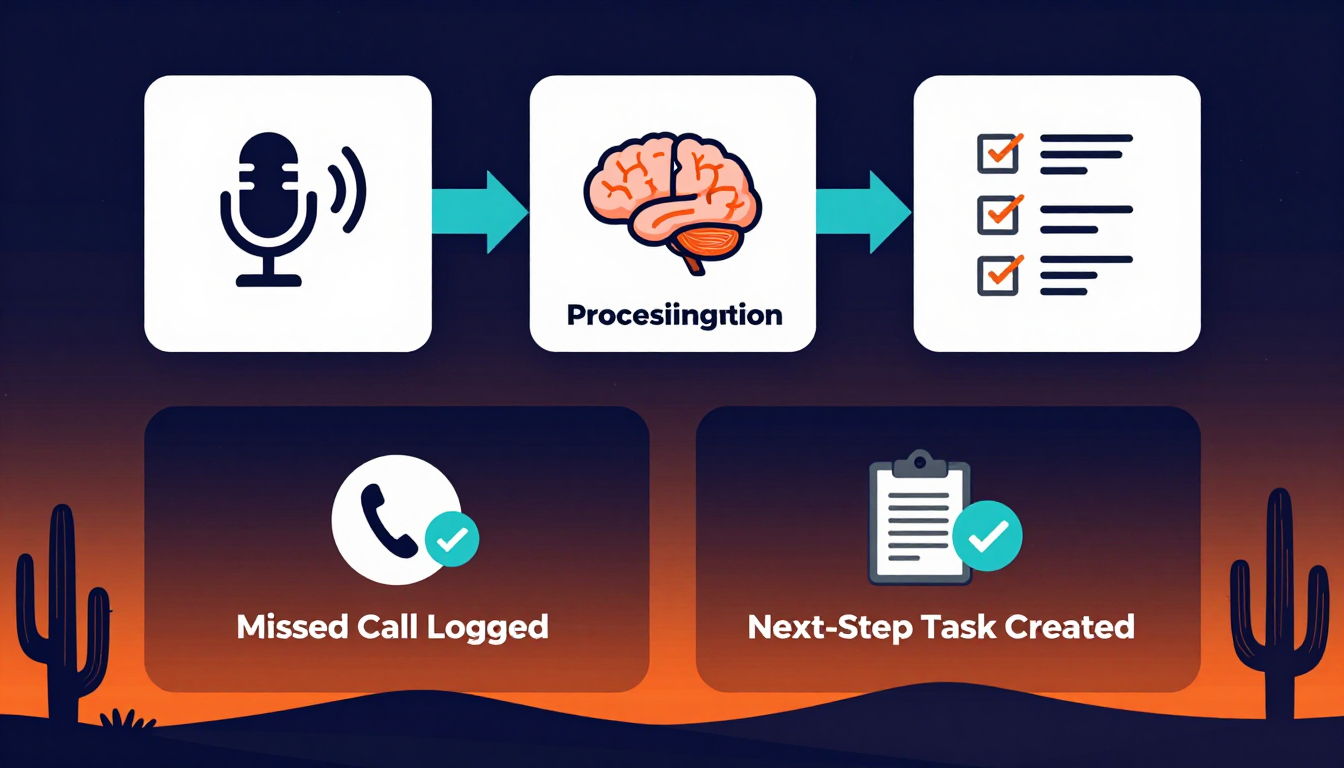 AI voice note workflow infographic showing voicemail to task pipeline
