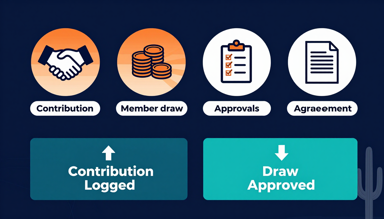 Multi-member LLC finance tracking infographic: contribution vs draw approval callout boxes