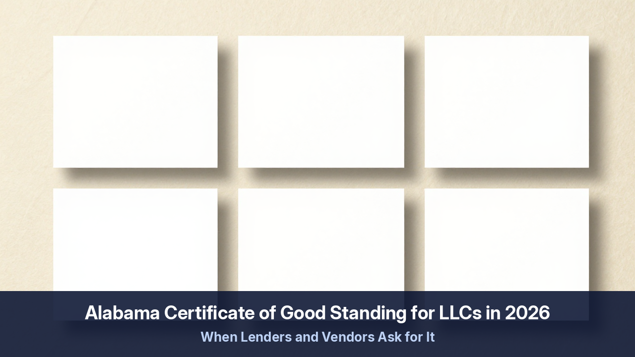 Checklist showing five Alabama certificate of good standing blockers and freshness windows for lenders, landlords, vendors, and foreign qualification filings.